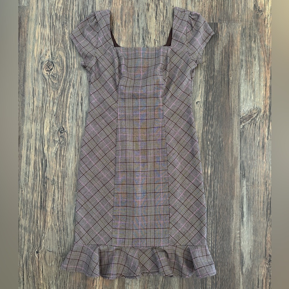 Maurices Sheath Dress Juniors 5 Brown Pink Green Plaid Cap Sleeves Ruffle Grunge